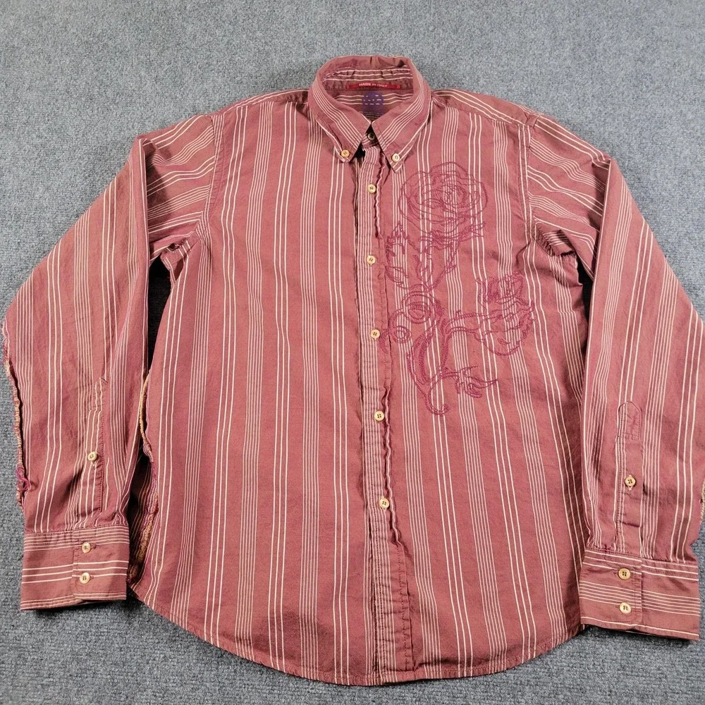 RA.RE Shirt Mens 2XL Red Striped Embroidered Rose Button Up Made in Italy Cotton